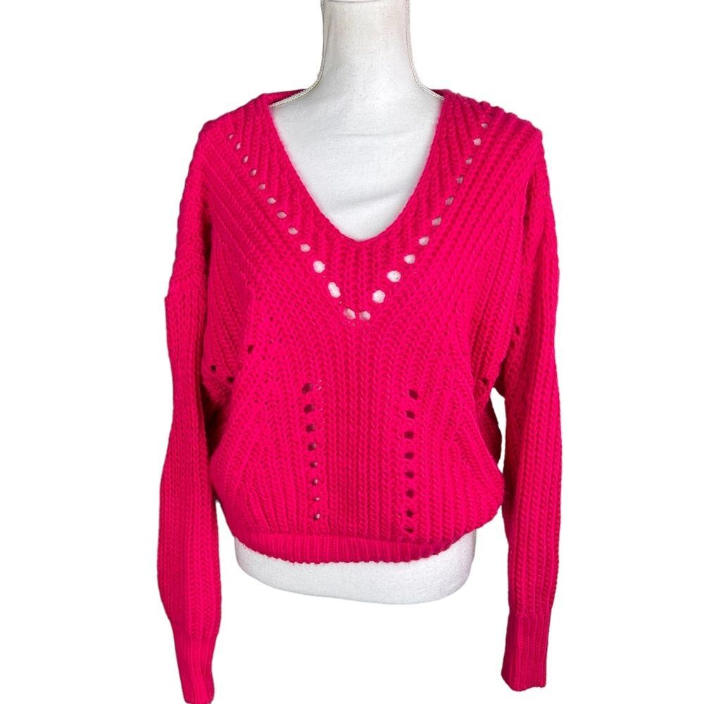 Aeropostale Hot Pink Chunky Sweater Medium v Neck Wool Blend